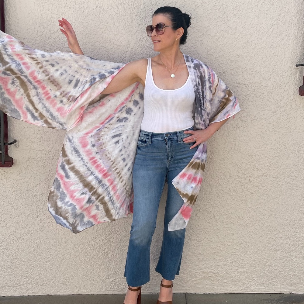 035 Boho Tie Dye Kimono beach Cover up - Picture 7 of 15